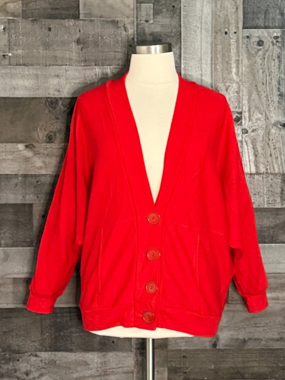 Vintage 90s red button up cardigan sweater large batwing sleeve oversized winter